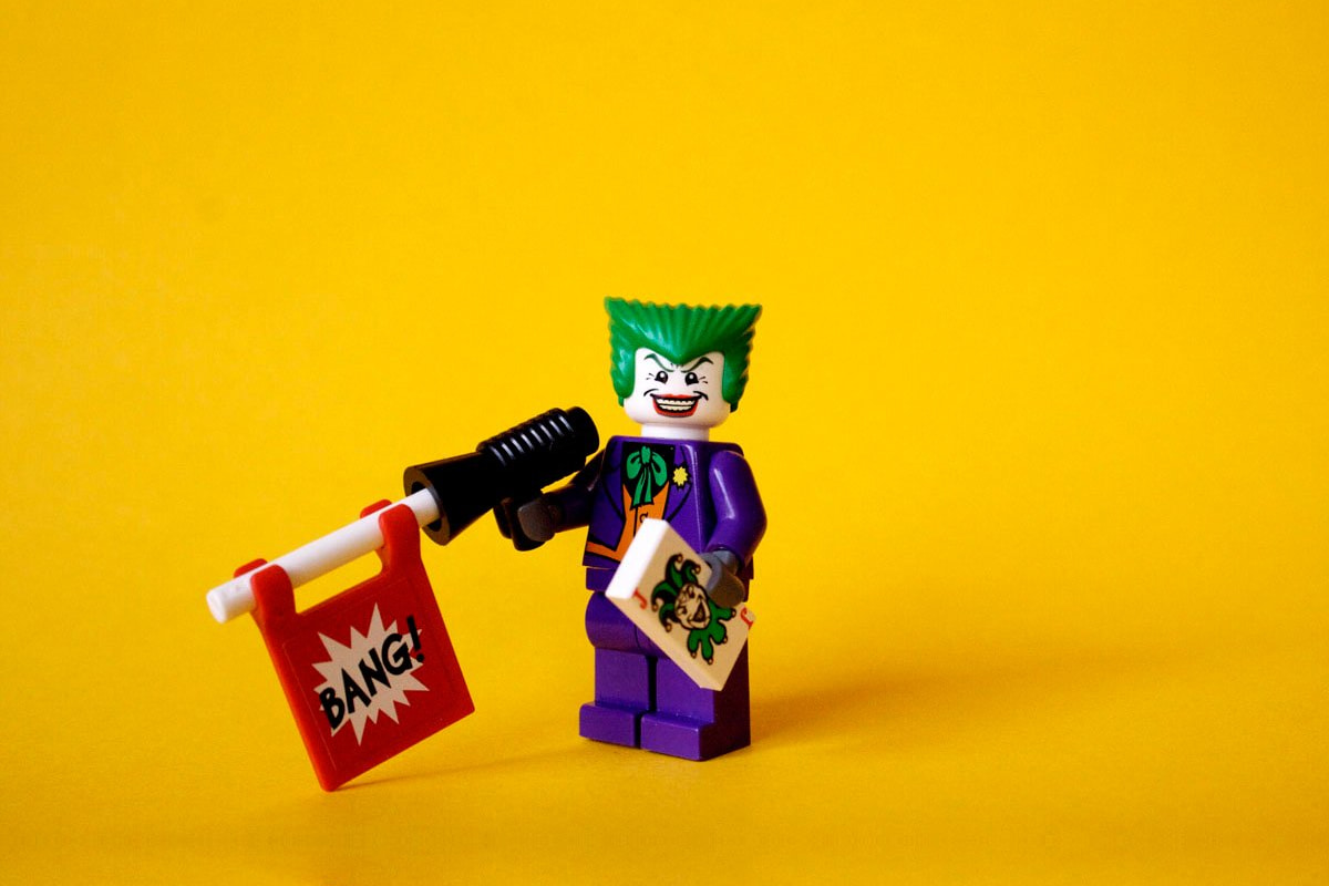 The Joker Lego villain with bang sign