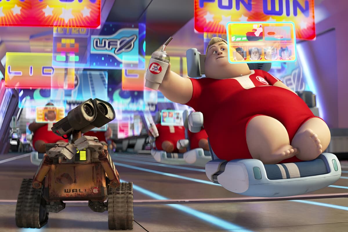 Large human from Pixar movie Wall-E handing him a soda