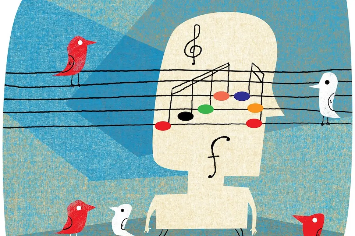 Artwork of birds and music notes