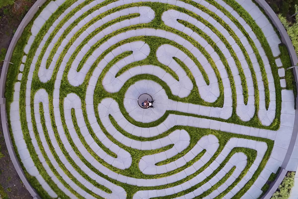 bird's eye view of circular abstract maze outside