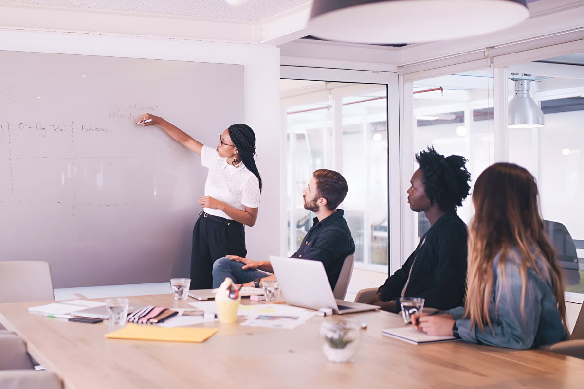 Team meeting in an office with large dry erase board